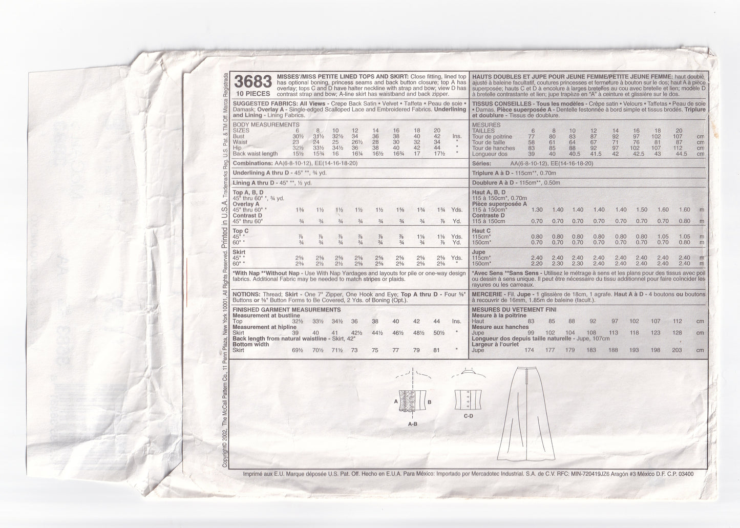 McCall's 3683 EVENING ELEGANCE Womens Halter or Corset Tops & Skirts Evening Formal Prom Out Of Print Paper Sewing Pattern Size 6 - 12 UNCUT Factory Folded