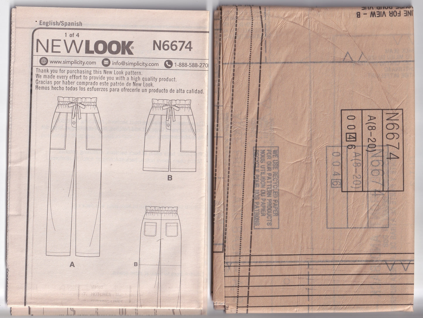 New Look 6674 Womens Yoked Paperbag Pants & Shorts Out Of Print Paper Sewing Pattern Size 8 - 20 UNCUT Factory Folded