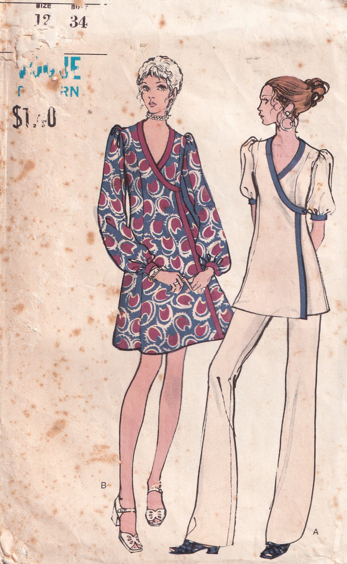 Vogue 7868 Womens Contrast Edged Dress Top & Pants 1970s Vintage Sewing Pattern Size 12 Bust 34 inches