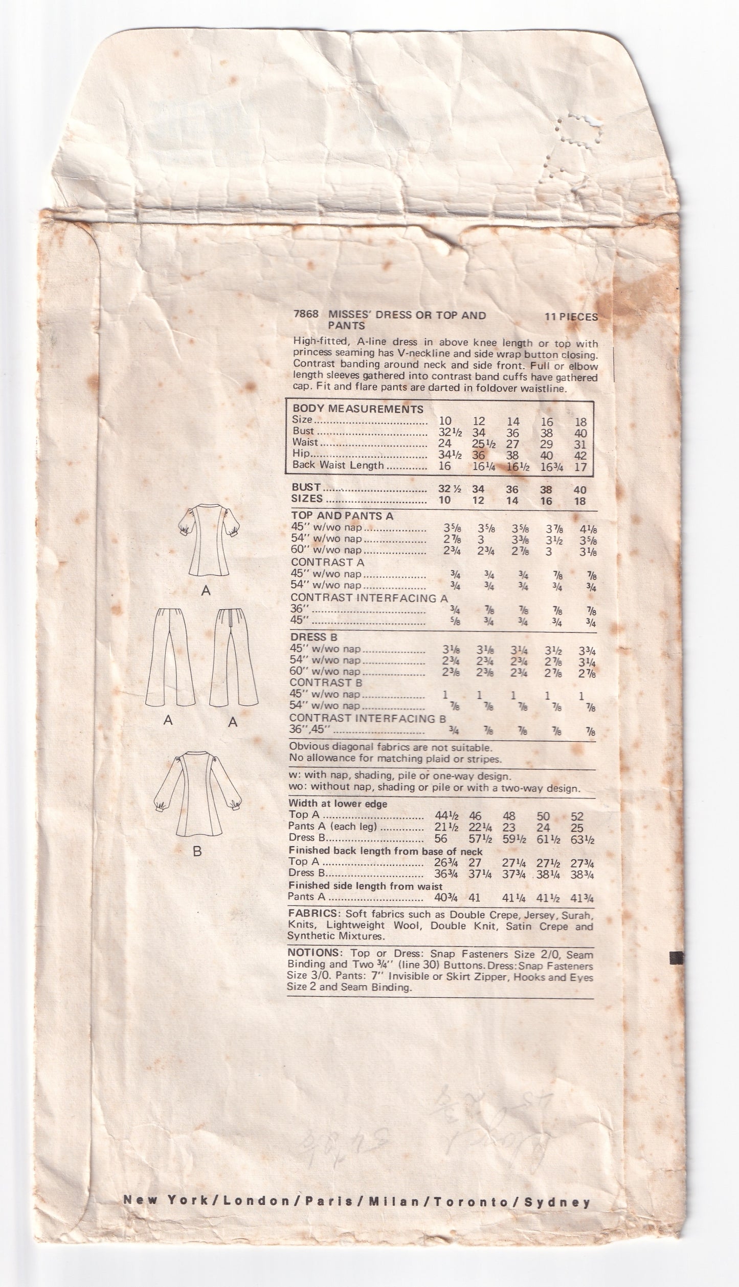 Vogue 7868 Womens Contrast Edged Dress Top & Pants 1970s Vintage Sewing Pattern Size 12 Bust 34 inches