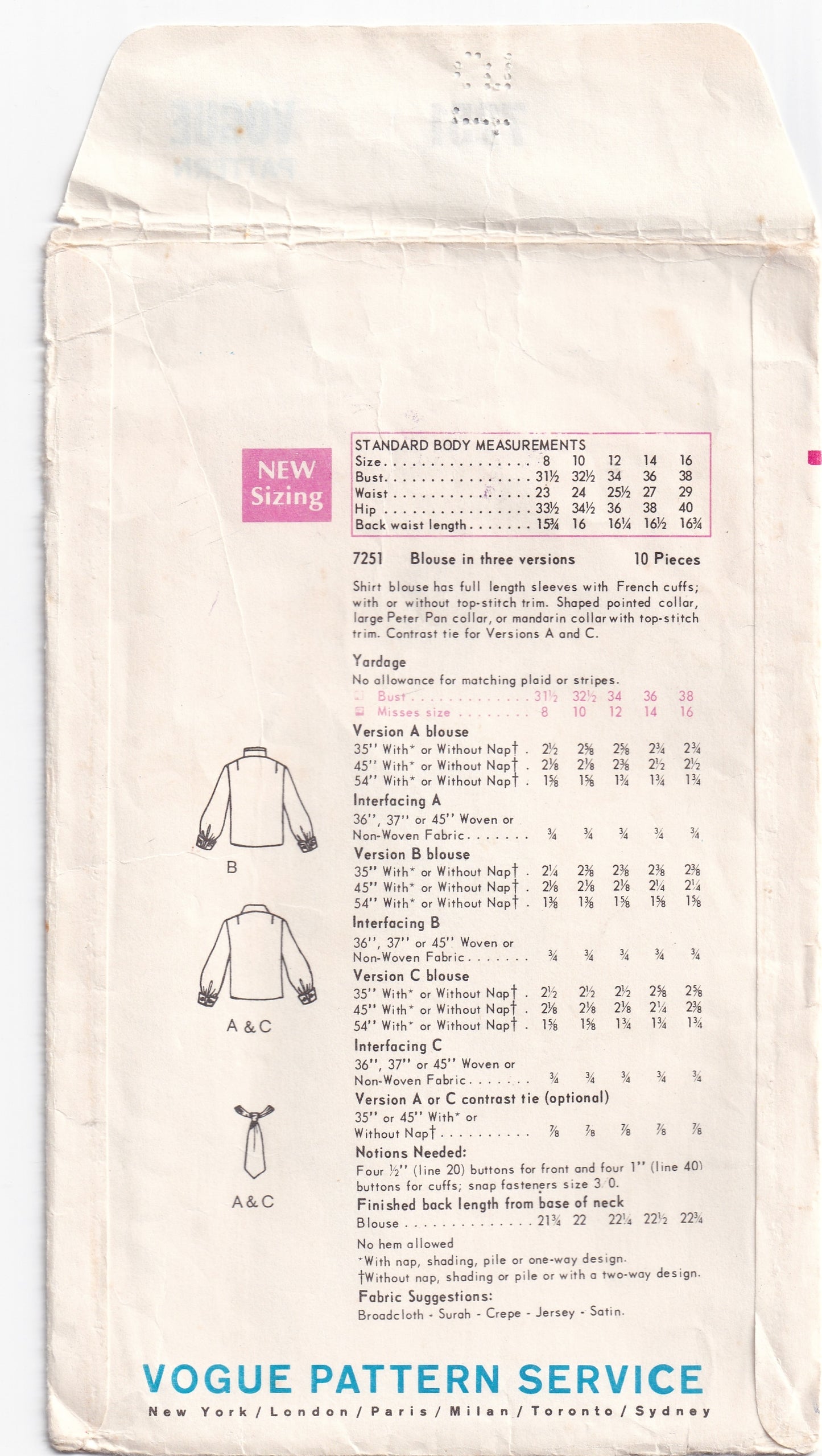 Vogue 7251 Womens Blouse in 3 Versions 1960s Vintage Sewing Pattern Size 8 Bust 31.5 inches