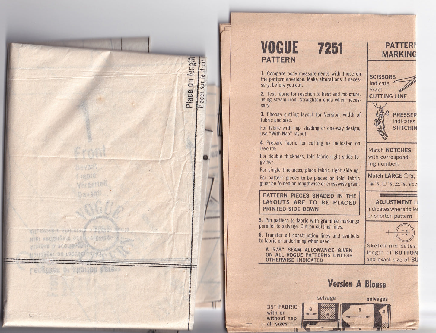 Vogue 7251 Womens Blouse in 3 Versions 1960s Vintage Sewing Pattern Size 8 Bust 31.5 inches