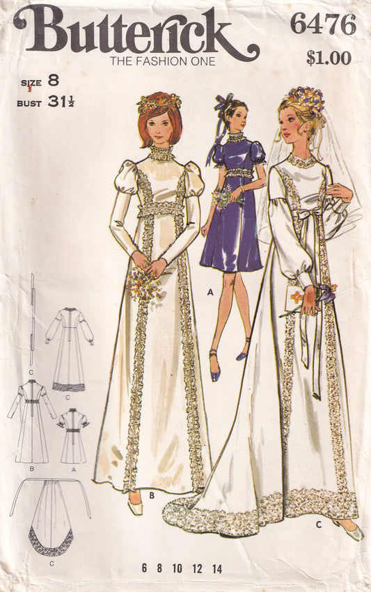 Butterick 6476 sewing pattern for a long, embellished gown with size and price information.