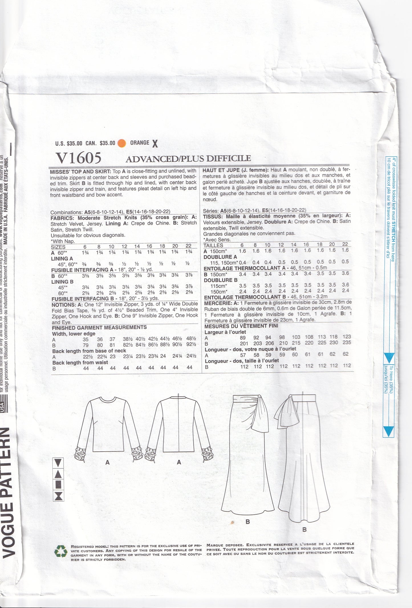 Vogue American Designer 1605 BADGLEY MISCHKA Womens Stretch Knit Evening Top & Asymmetric Skirt Sewing Pattern Size 14 - 22 UNCUT Factory Folded