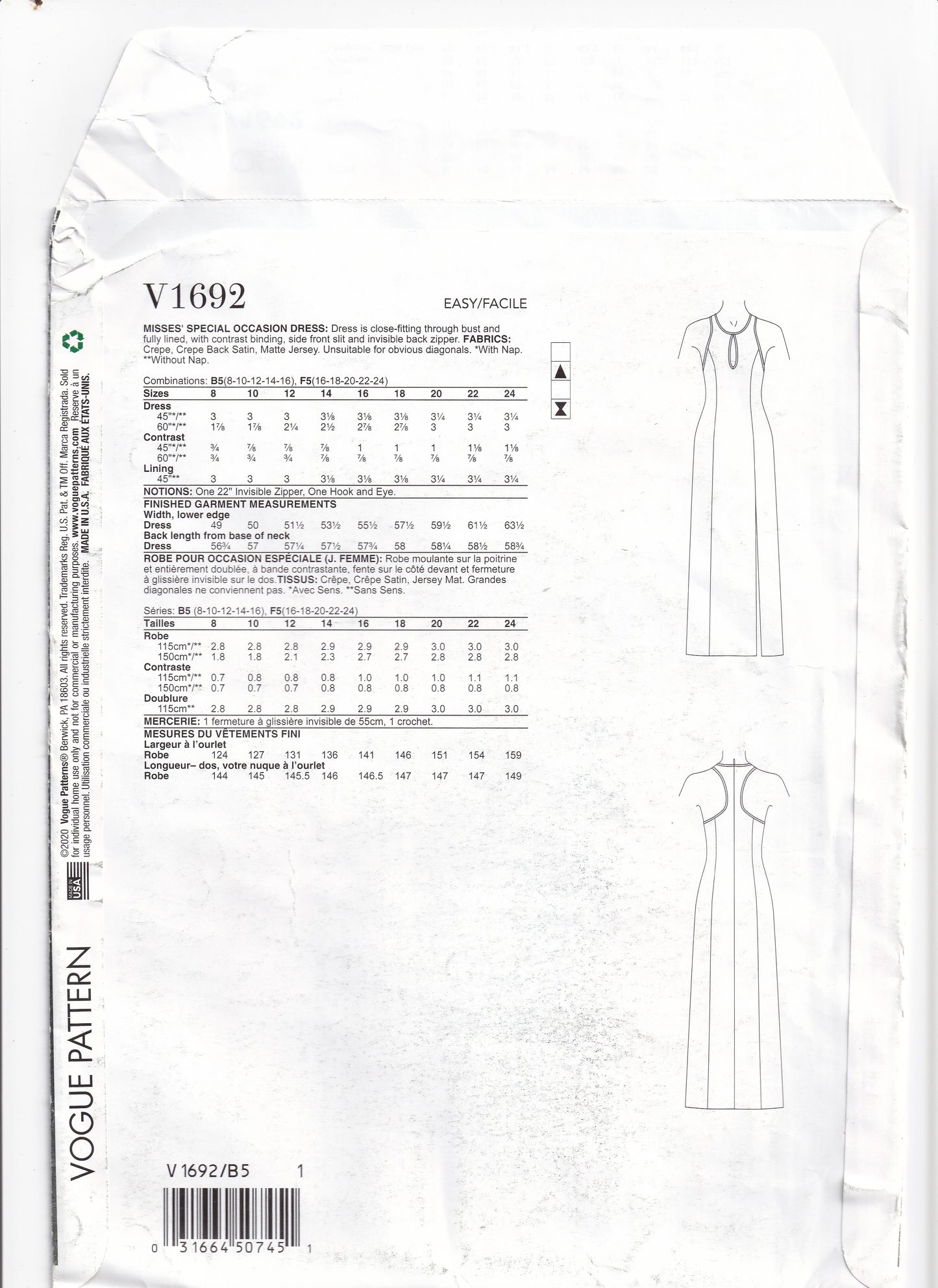 Vogue American Designer 1692 JULIO CESAR Womens Lined Evening Dress with Cutaway Armholes Sewing Pattern Sizes 8 - 16 UNCUT Factory Folded