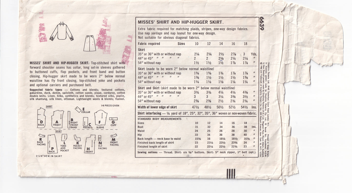 Simplicity 6639 Womens Shirt & Hip Hugger Skirt 1960s Vintage Paper Sewing Pattern Size 14 Bust 34 Inches