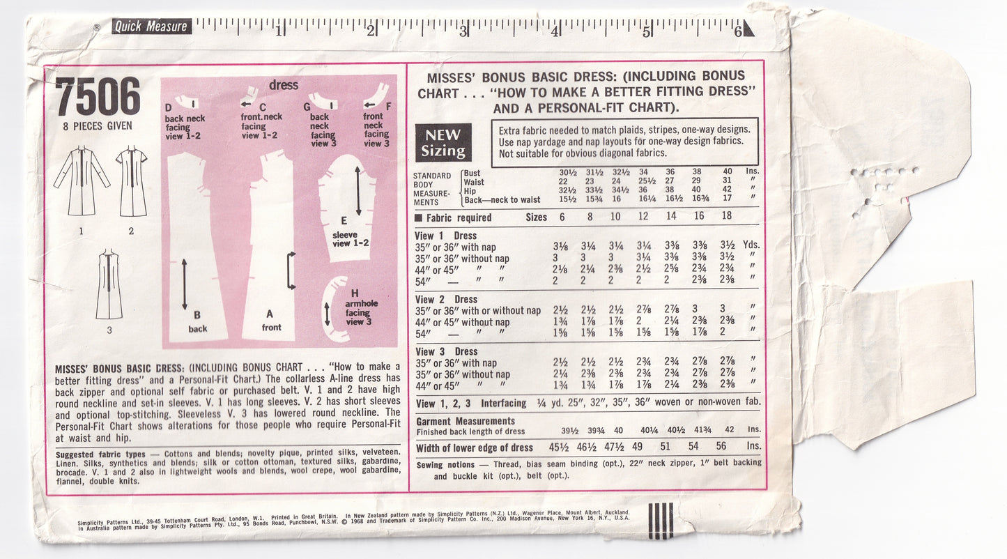 Simplicity 7506 Womens Classic A Line Dress with Bonus Basic Pattern Sheet 1960s Vintage Paper Sewing Pattern Size 14 Bust 36 inches