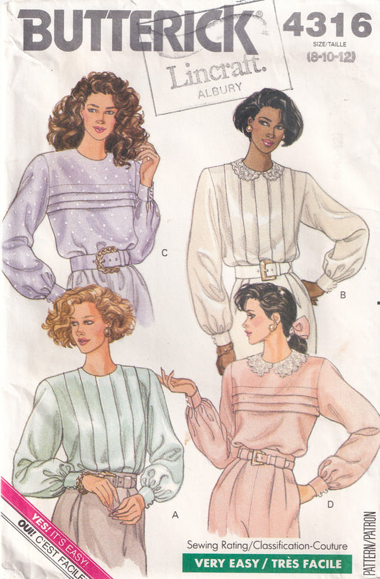 Butterick 4316 Womens Back Buttoned Pleated Blouses 1980s Vintage Paper Sewing Pattern Size 8 - 12 UNCUT Factory Folded