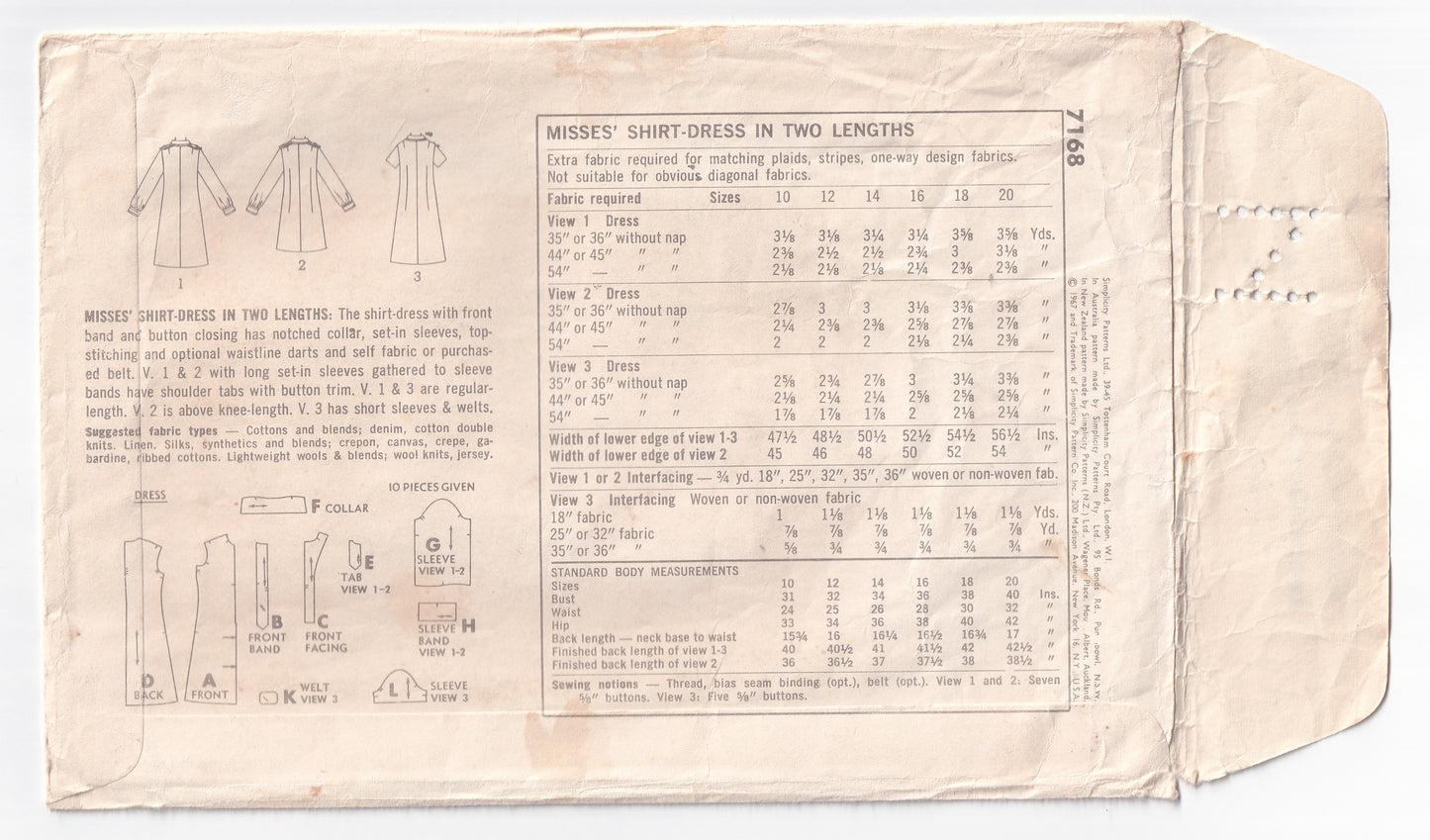 Simplicity 7168 Womens Classic Placket Front Shirtdress 1960s Vintage Paper Sewing Pattern Size 14 Bust 34 Inches