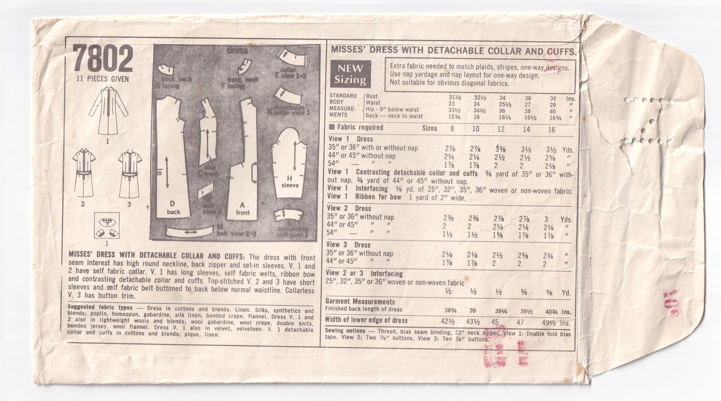 Simplicity 7802 Womens Classic Coatdress with Detachable Collar & Cuffs 1960s Vintage Paper Sewing Pattern Size 12 Bust 34 Inches