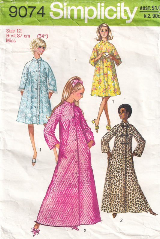 Simplicity 9074 Womens EASY Raglan Sleeved Floor Length Robe or Coat 1970s Vintage Paper Sewing Pattern Size 12 Bust 34 Inches
