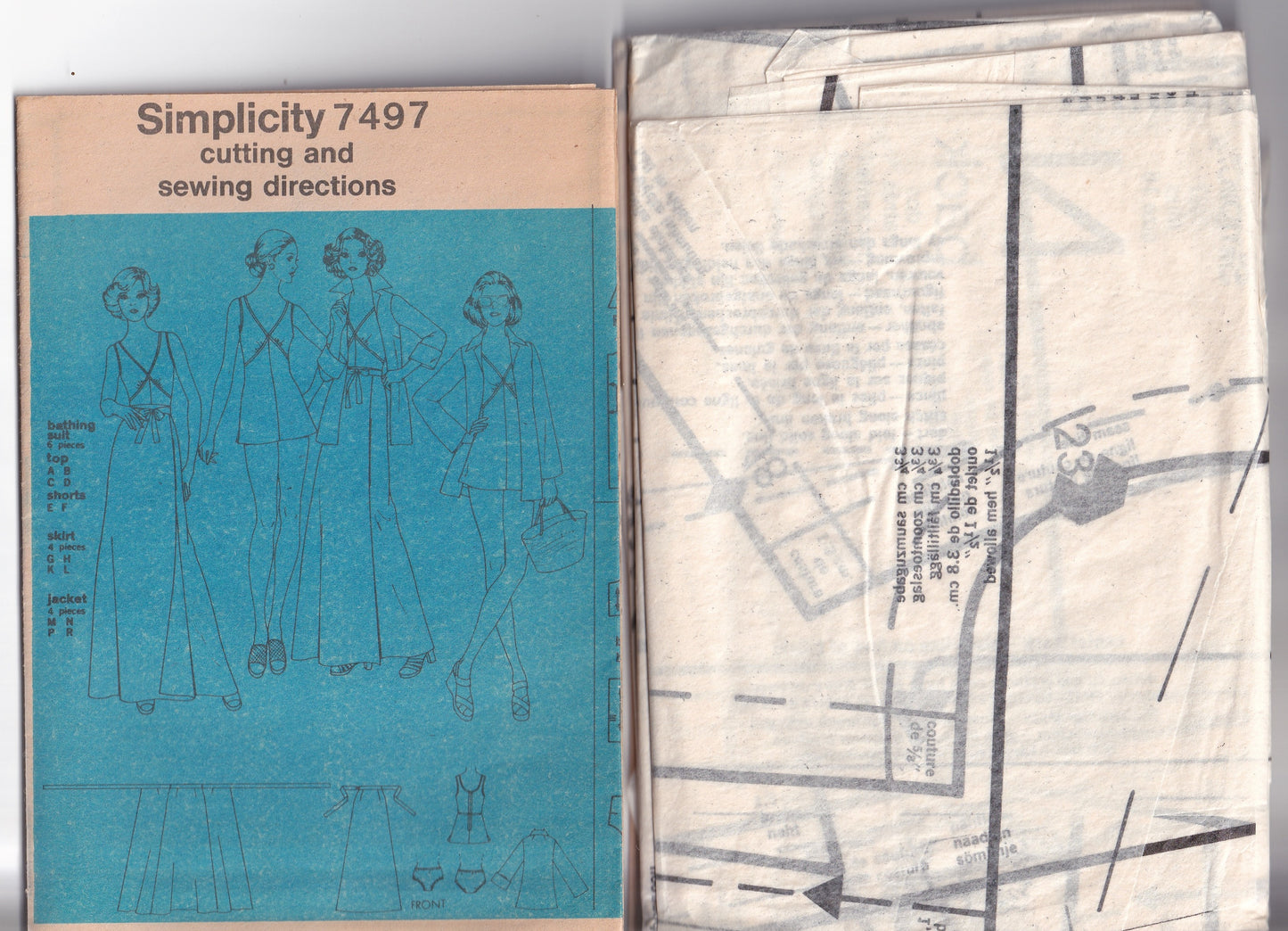 Simplicity 7497 Womens Swimsuit Reversible Maxi Wrap Skirt & Shirt Jacket 1970s Vintage Paper Sewing Pattern Size 16 Bust 38 Inches