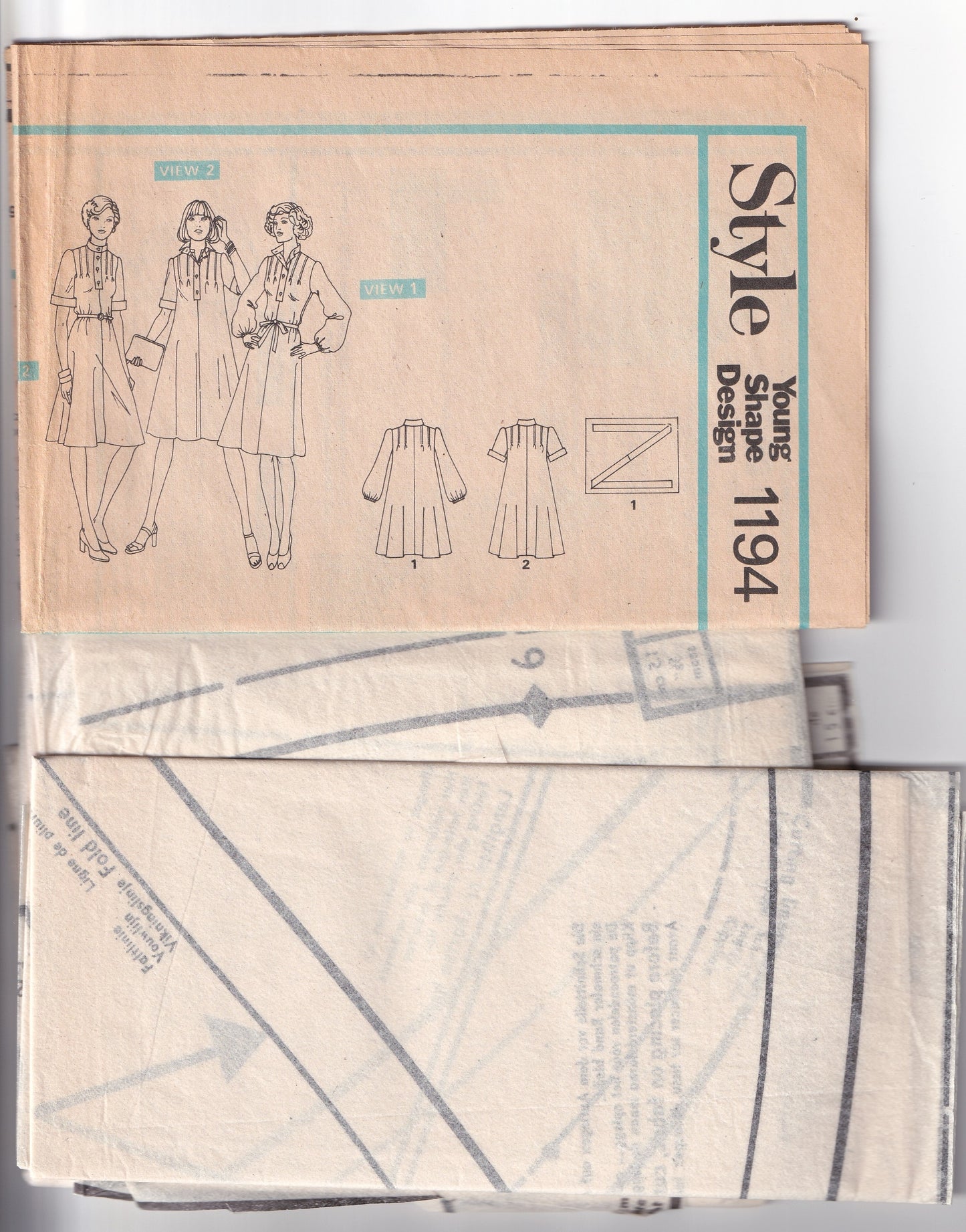 Style 1194 Womens Tucked Front Dress 1970s Vintage Paper Sewing Pattern Size 16 Bust 38 inches
