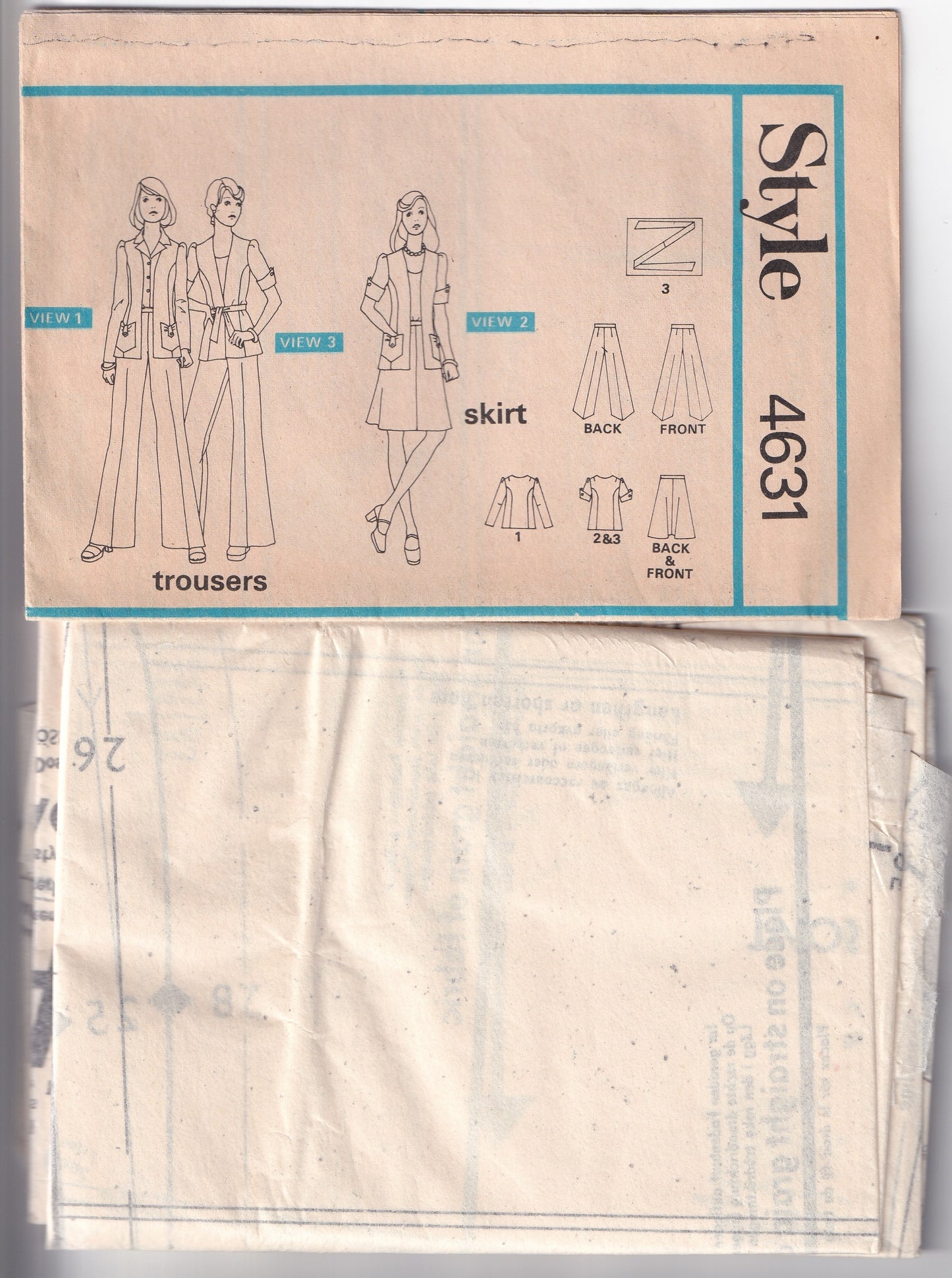 Style 4631 Womens Jacket with Cuffs Skirt & Pants 1970s Vintage Paper Sewing Pattern Size 12 Bust 34 inches