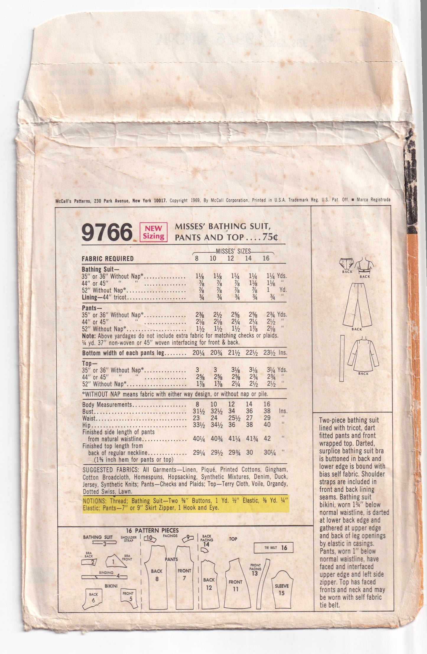 McCall's 9766 Womens Bikini Wrap Top & Hipster Pants 1960s Vintage Sewing Pattern Size 8 Bust 31.5 Inches