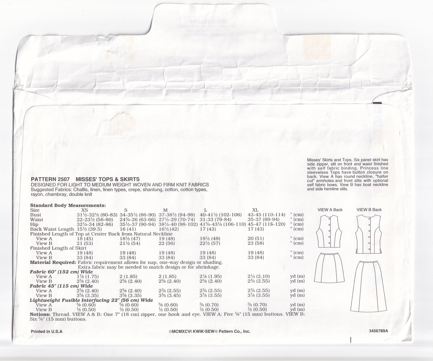 Kwik Sew 2507 Womens Princess Tops & Skirts Out Of Print Sewing Pattern Size XS - XL UNCUT Factory Folded
