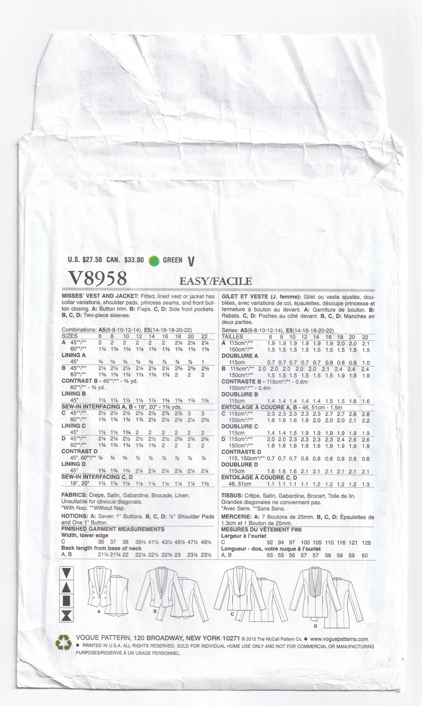 Vogue 8958 Womens Princess Vest & Jacket Out Of Print Sewing Pattern Size 14 - 22 UNCUT Factory Folded