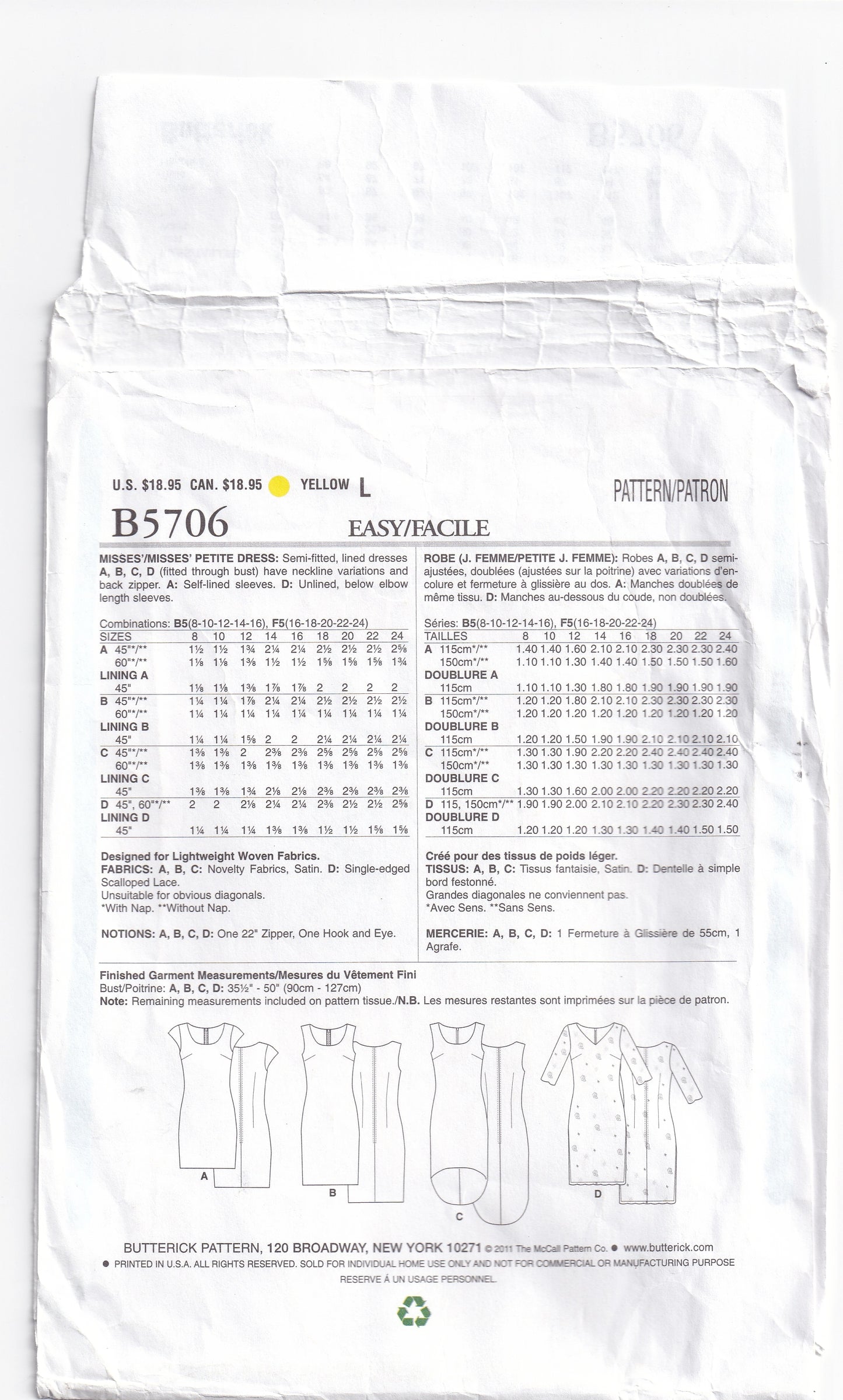 Butterick 5706 Womens EASY Lined Dresses Out Of Print Sewing Pattern Size 8 - 16 UNCUT Factory Folded