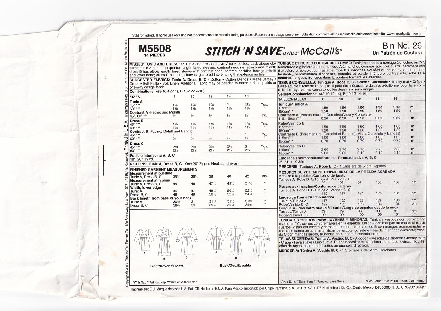 McCall's 5608 Womens V Neck Dress & Tunic with Contrast Edging Out Of Print Sewing Pattern Sizes 8 - 16 UNCUT Factory Folded