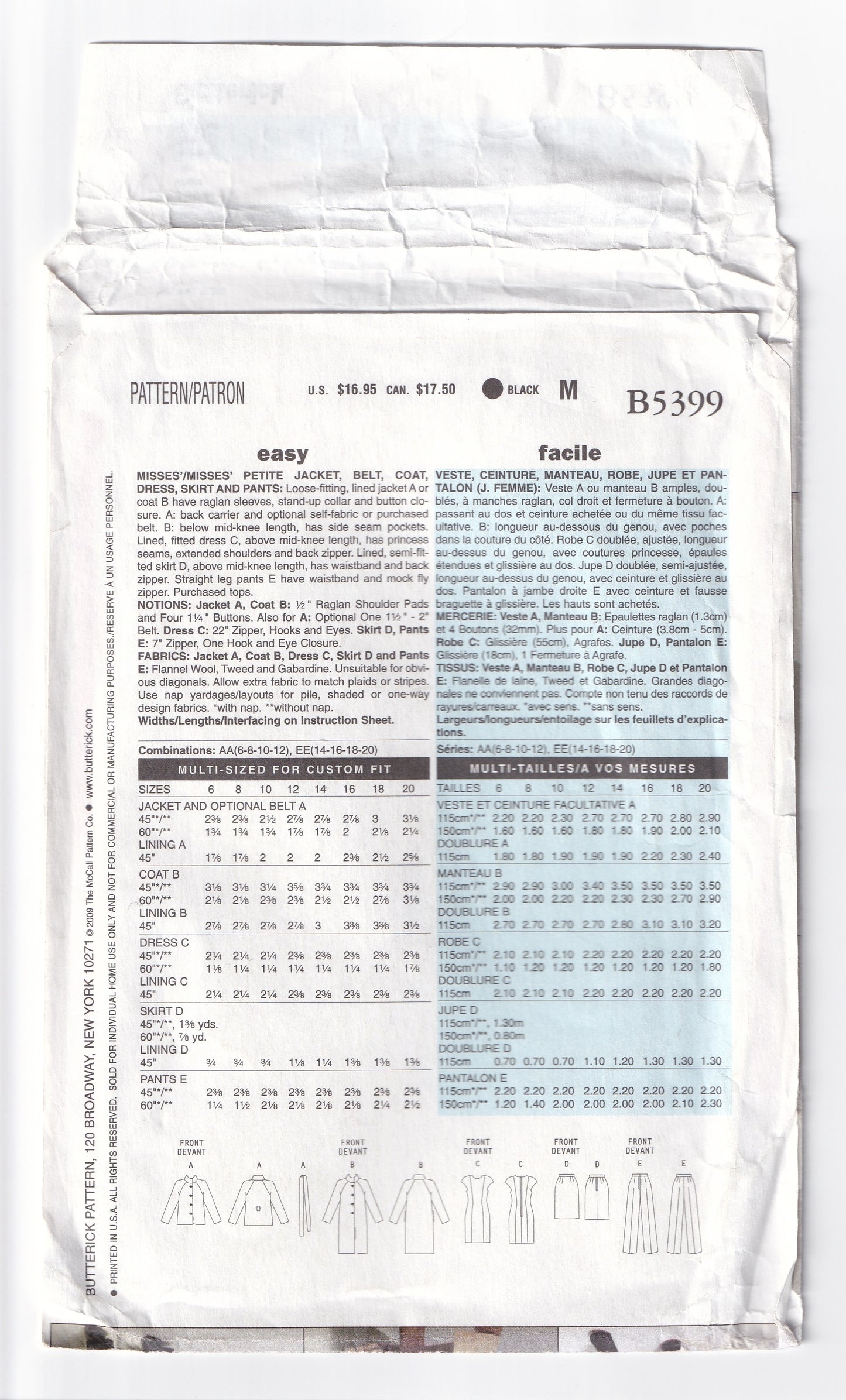 Butterick 5399 Womens LIFESTYLE WARDROBE Coat Jacket Dress Skirt & Pants Out Of Print Sewing Pattern Size 14 - 20 UNCUT Factory Folded