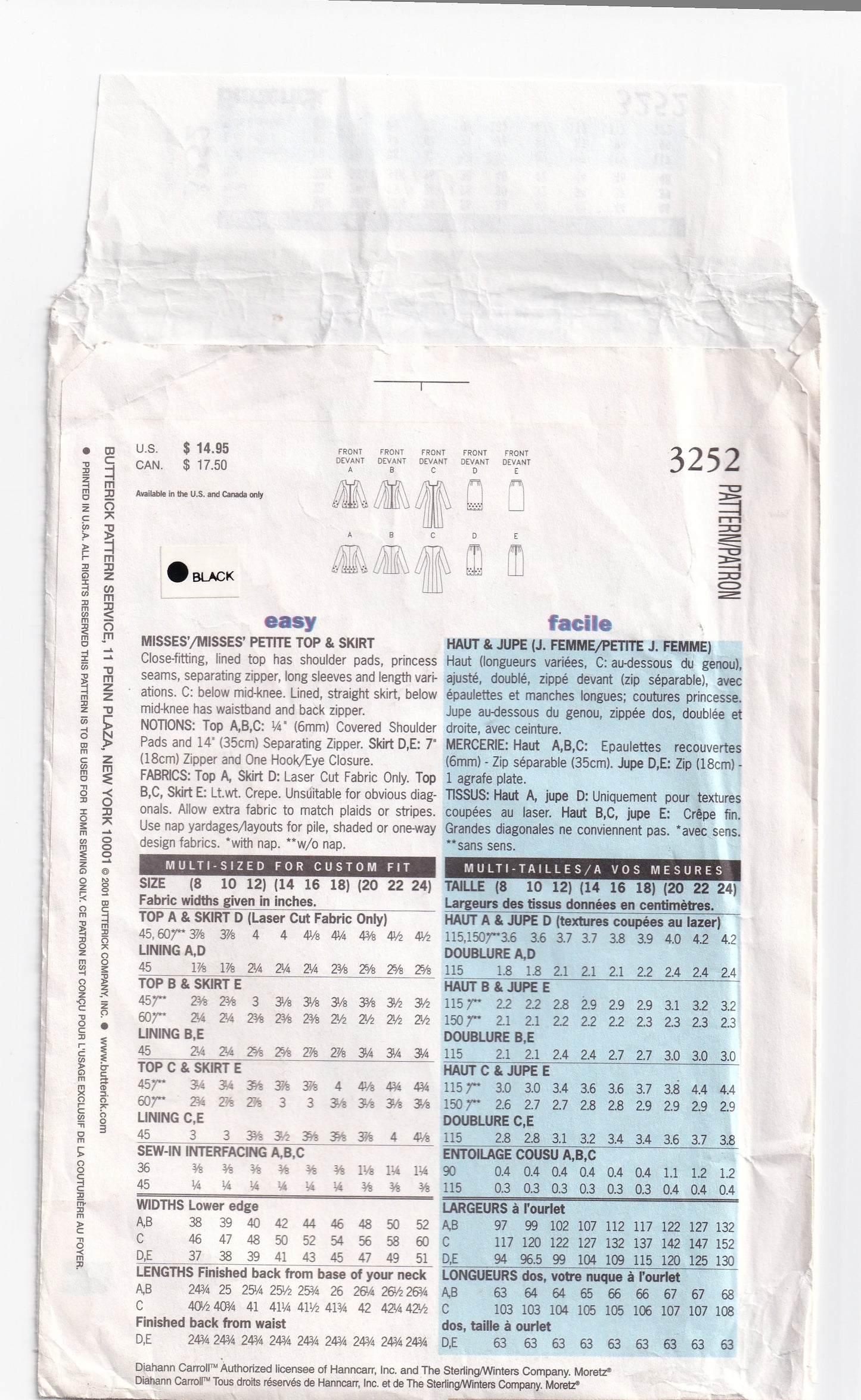 Butterick 3252 Womens Evening Princess Tops & Skirt Out Of Print Sewing Pattern Size 20 - 24 UNCUT Factory Folded