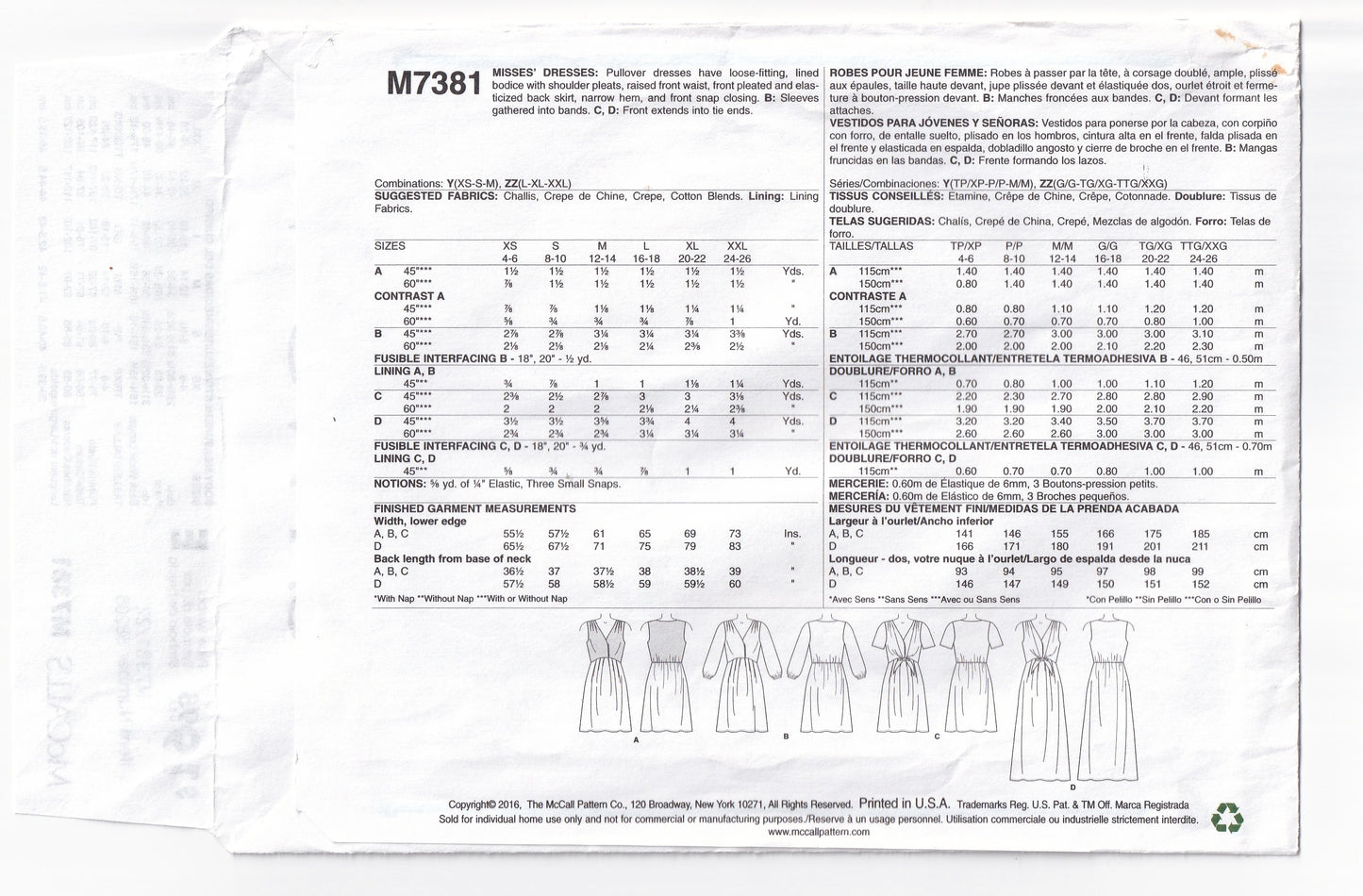 McCall's 7381 Womens High Waisted Dresses with Curved Bodice Out Of Print Paper Sewing Pattern Sizes L - XXL UNCUT Factory Folded