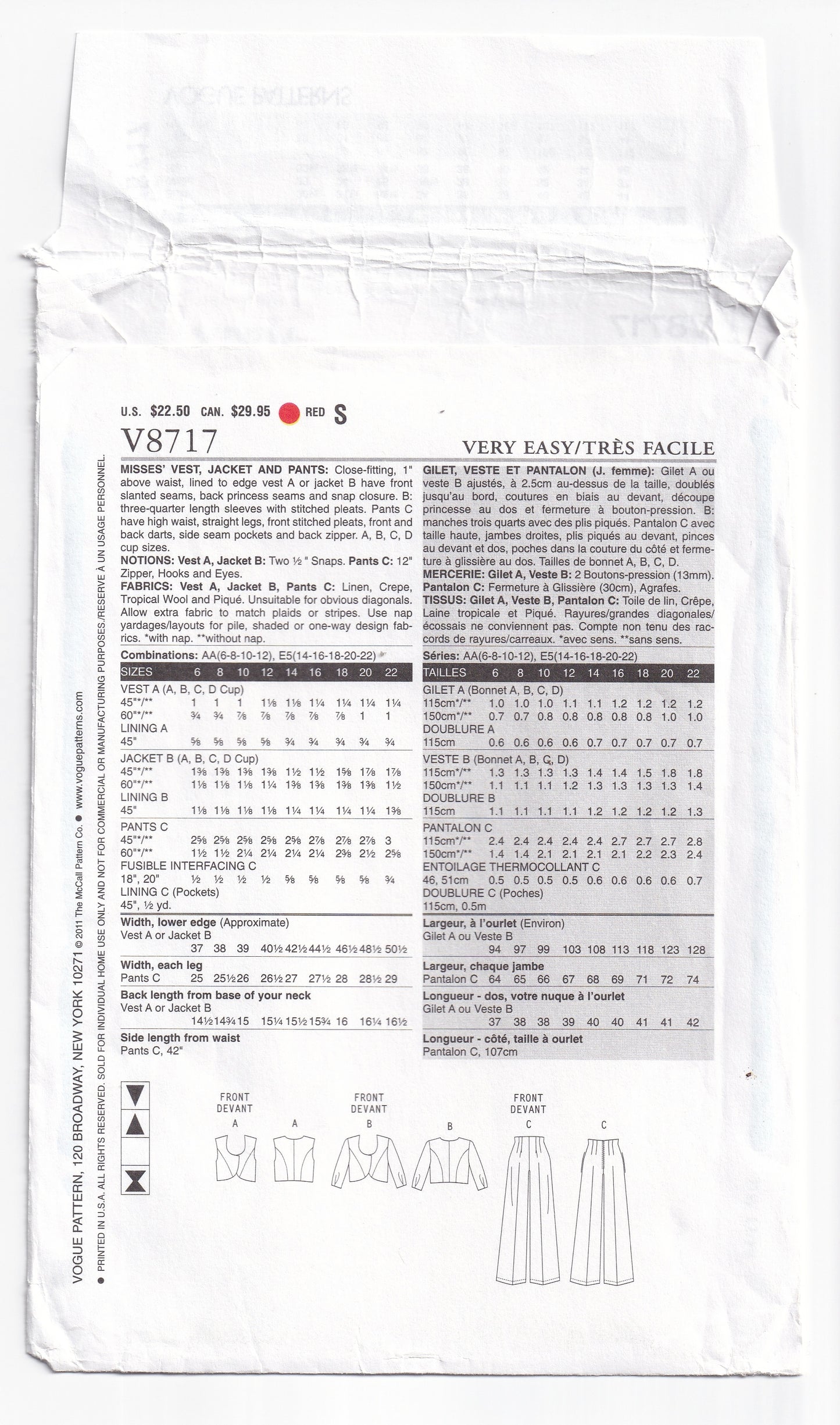 Very Easy Vogue 8717 Womens CUSTOM FIT Cropped Vest Jacket & High Waisted Pants Out Of Print Paper Sewing Pattern Sizes 6 - 12 UNCUT Factory Folded