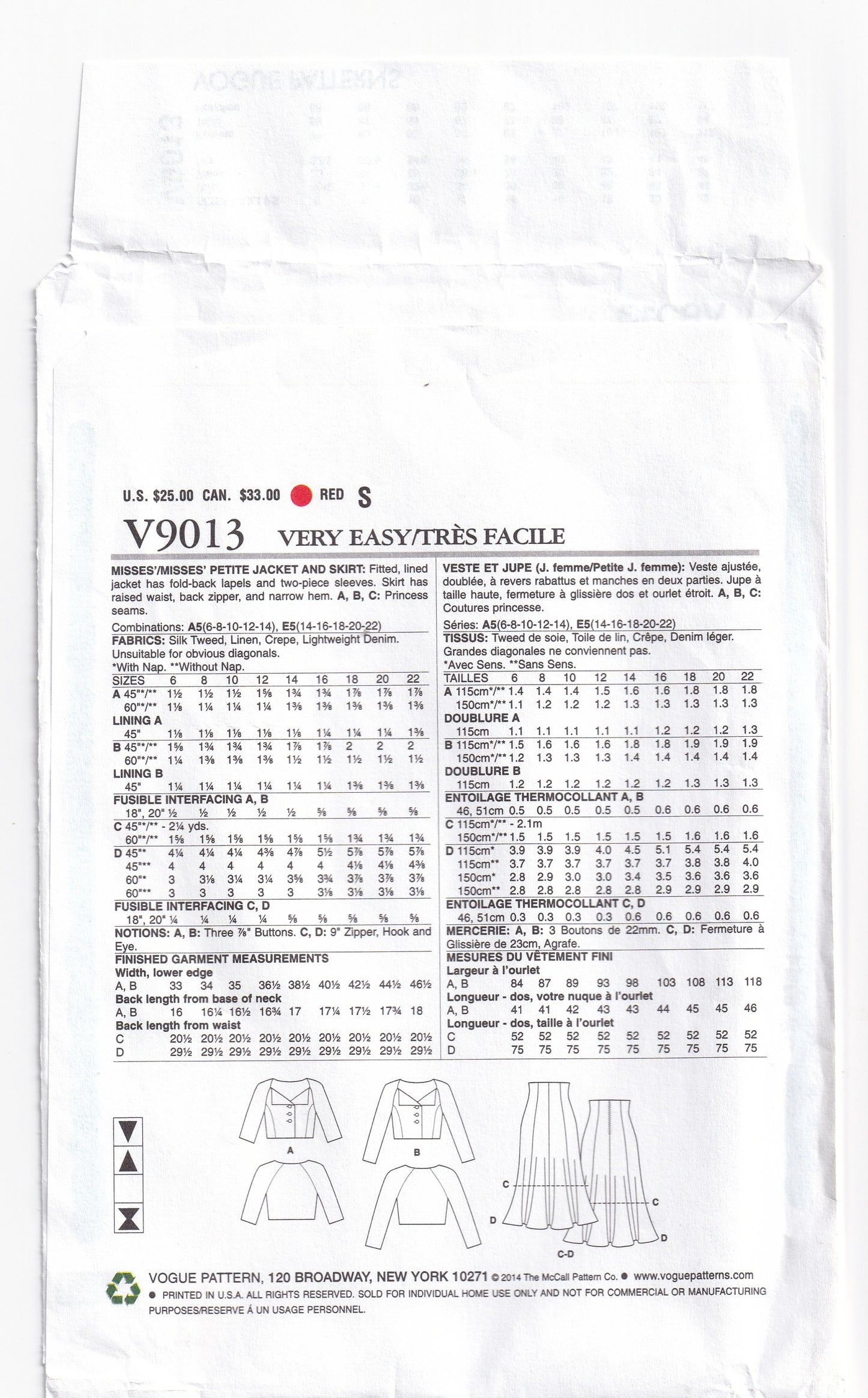 Very Easy Vogue 9013 Womens Cropped Jacket & High Waisted Skirt Out Of Print Paper Sewing Pattern Sizes 6 - 14 UNCUT Factory Folded