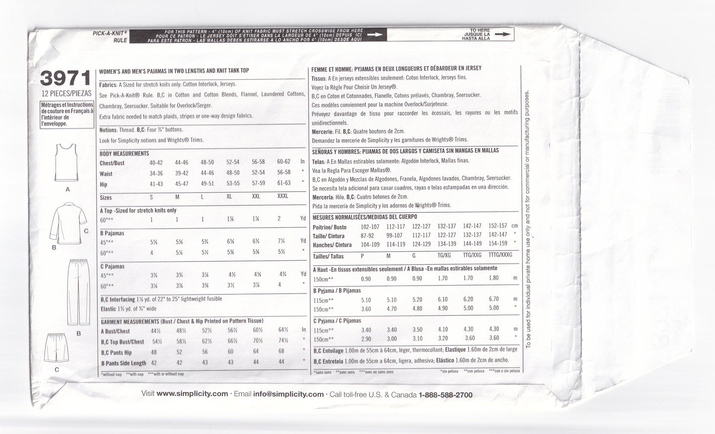 Simplicity 3971 Mens Womens UNISEX Plus Size Cozywear Pyjamas & Tank Top Paper Sewing Pattern Size S/M/L UNCUT Factory Folded