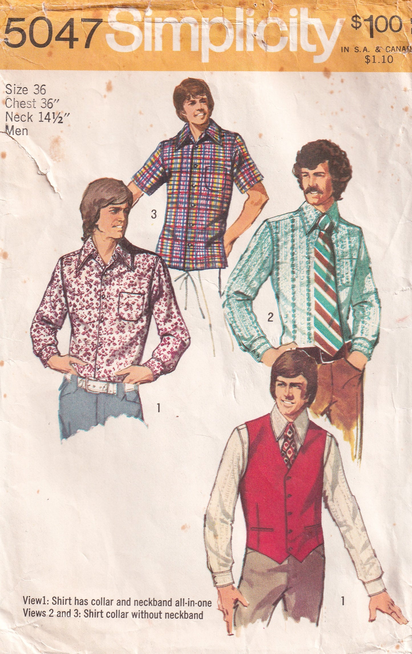 Simplicity 5047 Mens Classic Body Shirts & Vest 1970s Vintage Paper Sewing Pattern Chest 36 Inches