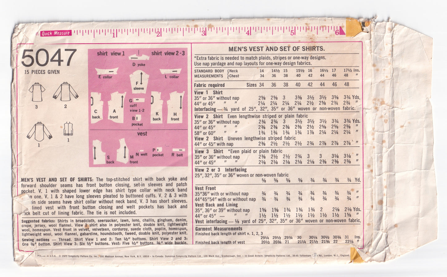 Simplicity 5047 Mens Classic Body Shirts & Vest 1970s Vintage Paper Sewing Pattern Chest 36 Inches