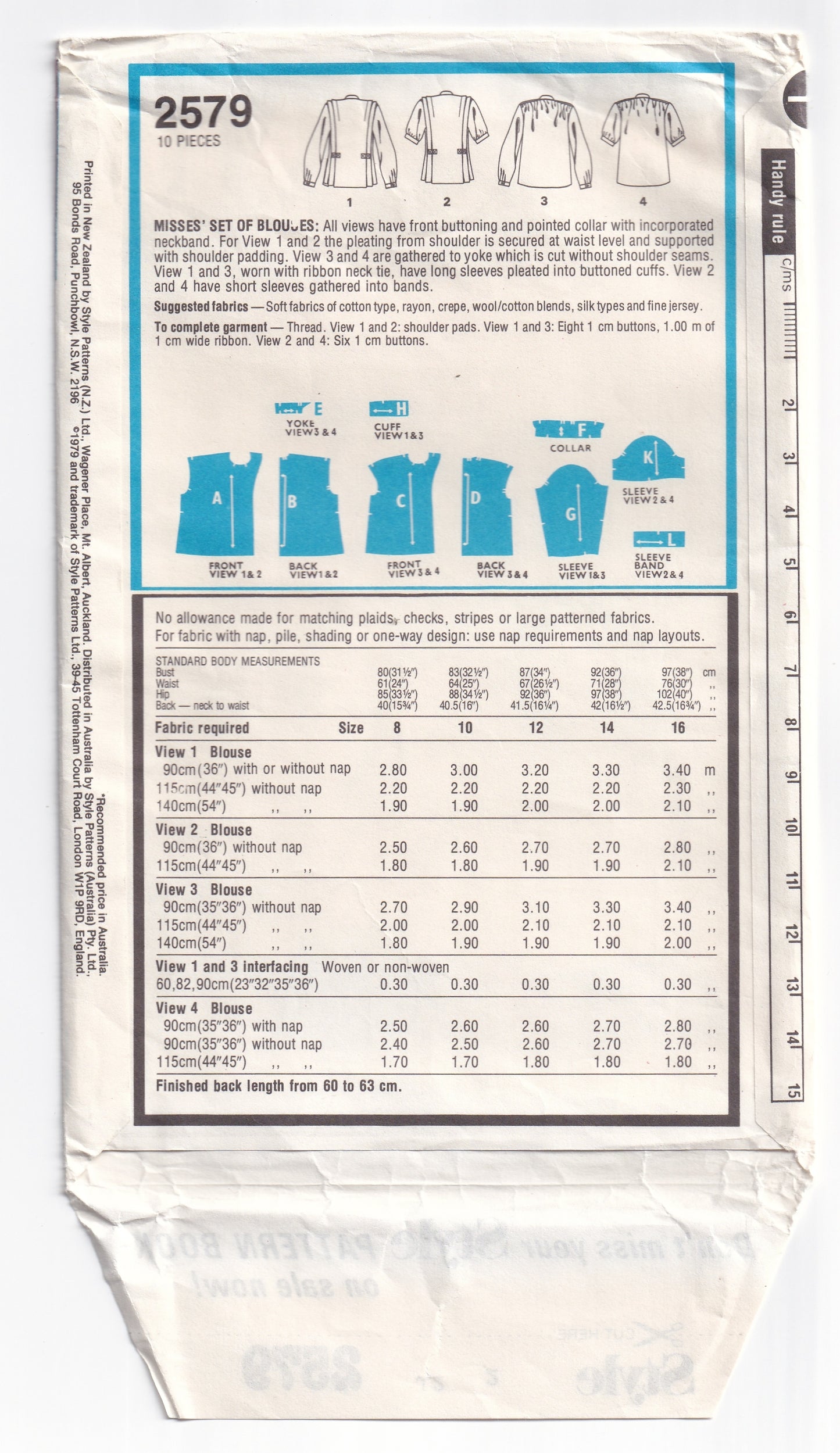 Style 2579 Womens Flanged shoulder Blouses 1970s Vintage Paper Sewing Pattern Size 16 Bust 38 Inches
