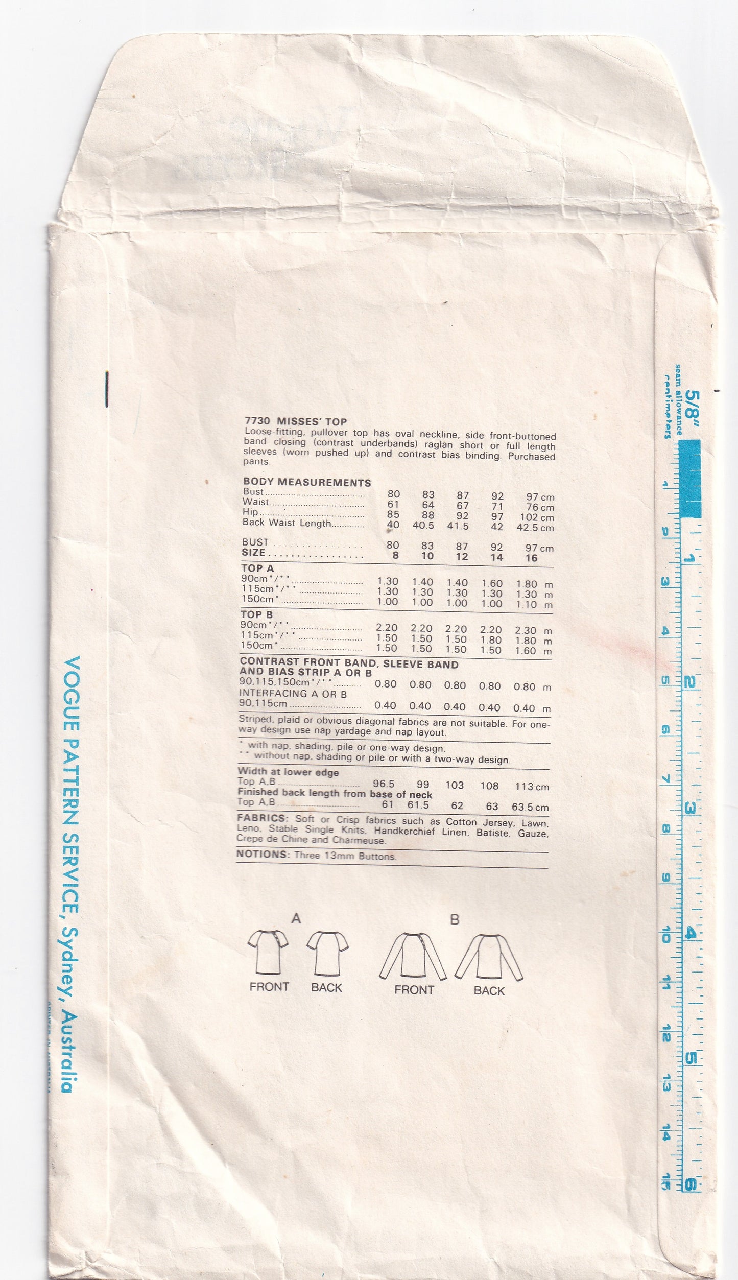 Vogue 7730 Womens Asymmetric Buttoned Blouses 1970s Vintage Paper Sewing Pattern Size 10 Bust 32.5 inches