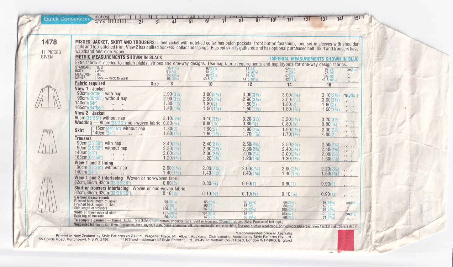 Style 1478 Womens Wide Lapel Jacket Skirt & Flared Pants 1970s Vintage Paper Sewing Pattern Size 10 Bust 32.5 Inches