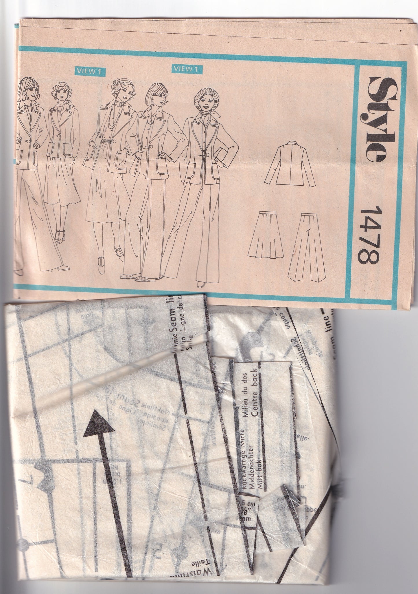 Style 1478 Womens Wide Lapel Jacket Skirt & Flared Pants 1970s Vintage Paper Sewing Pattern Size 10 Bust 32.5 Inches