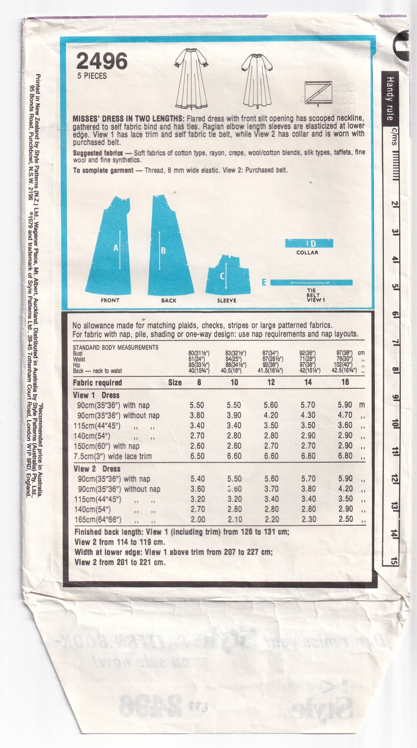 Style 2496 Womens EASY Puff Sleeved Ruffled Tent Dress 1970s Vintage Paper Sewing Pattern Size 16 Bust 38 Inches