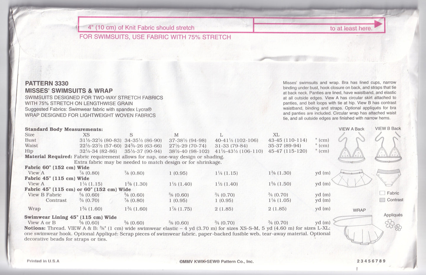 Kwik Sew 3330 Womens Bikinis & Wrap Skirt Cover Up Out Of Print Paper Sewing Pattern Size XS - XL UNCUT Factory Folded