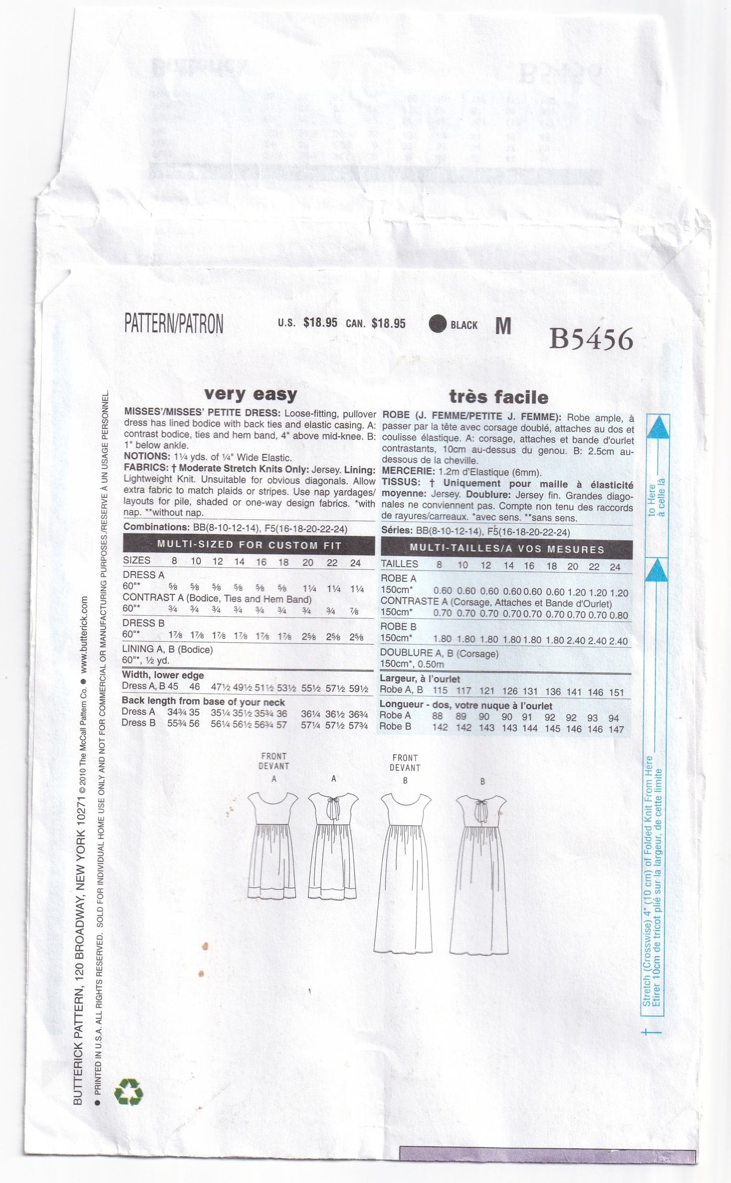 Butterick 5456 MAGGY LONDON Womens Stretch Knit Cap Sleeved Dresses Out Of Print Paper Sewing Pattern Sizes 8 - 14 UNCUT Factory Folded