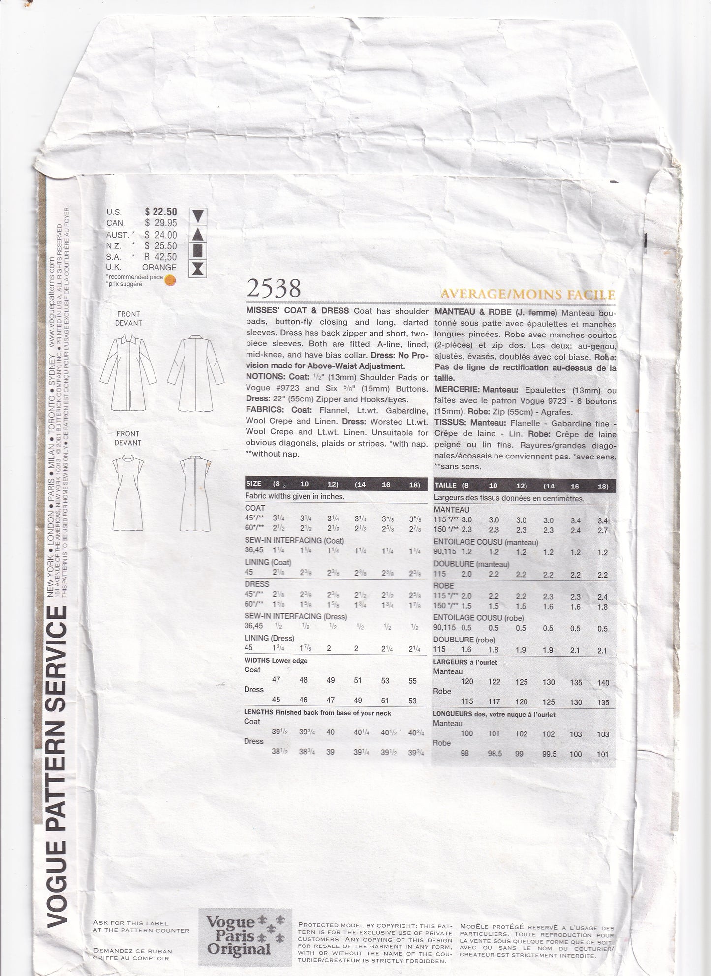 Vogue Paris Original 2538 MONTANA Womens Cap Sleeved A Line Dress & Coat Out Of Print Sewing Pattern Size 8 - 12 UNCUT Factory Folded