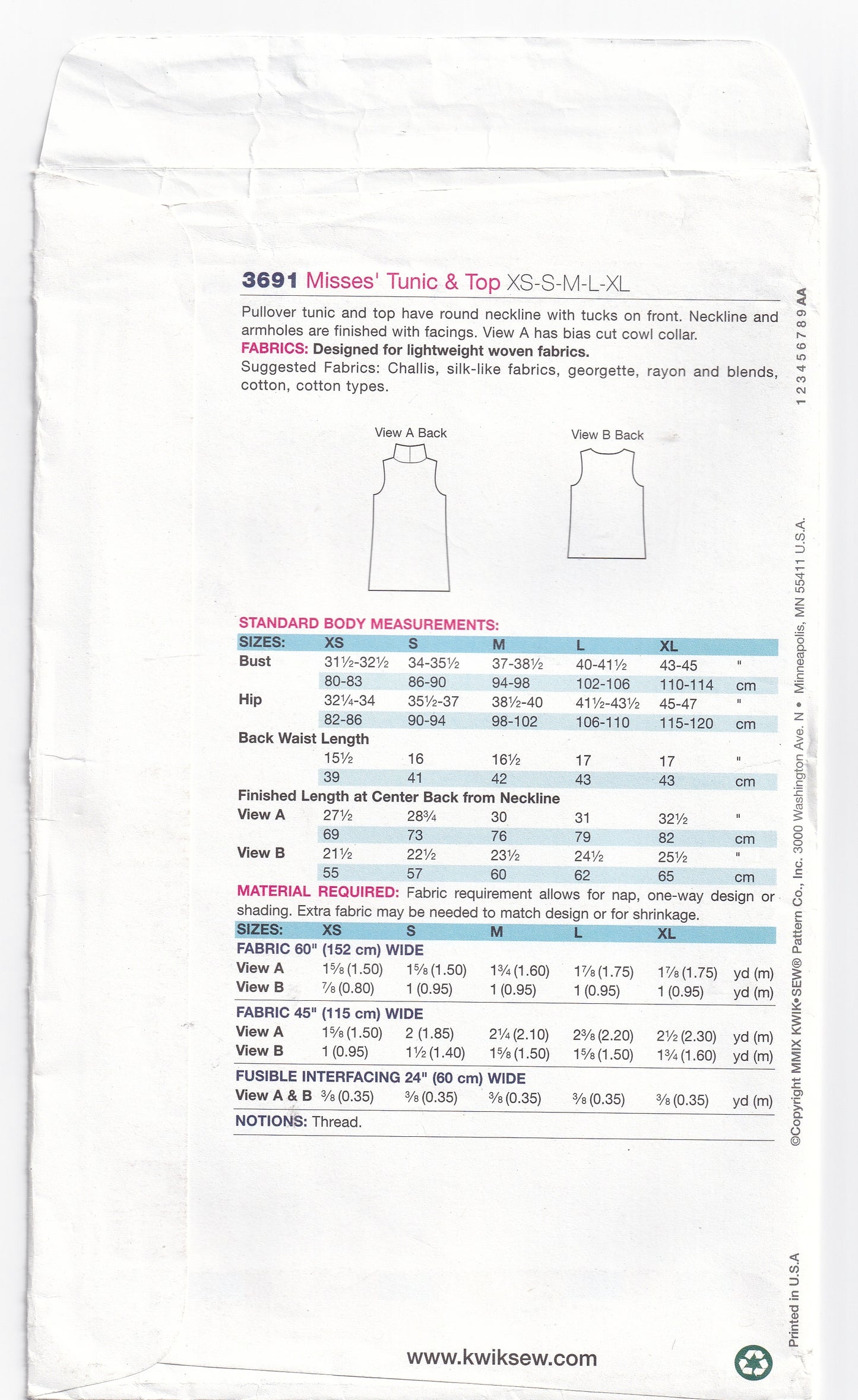 Kwik Sew 3691 Womens EASY High Neck Sleeveless Tops Out Of Print Sewing Pattern Size XS - XL UNCUT Factory Folded