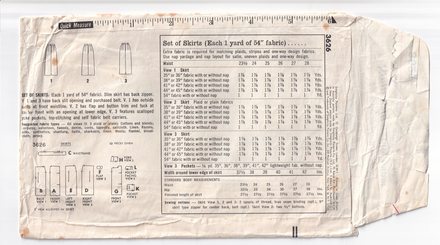 Simplicity 3626 Womens Set Of 1 Yard Pencil Skirts 1960s Vintage Paper Sewing Pattern Waist 26 inches