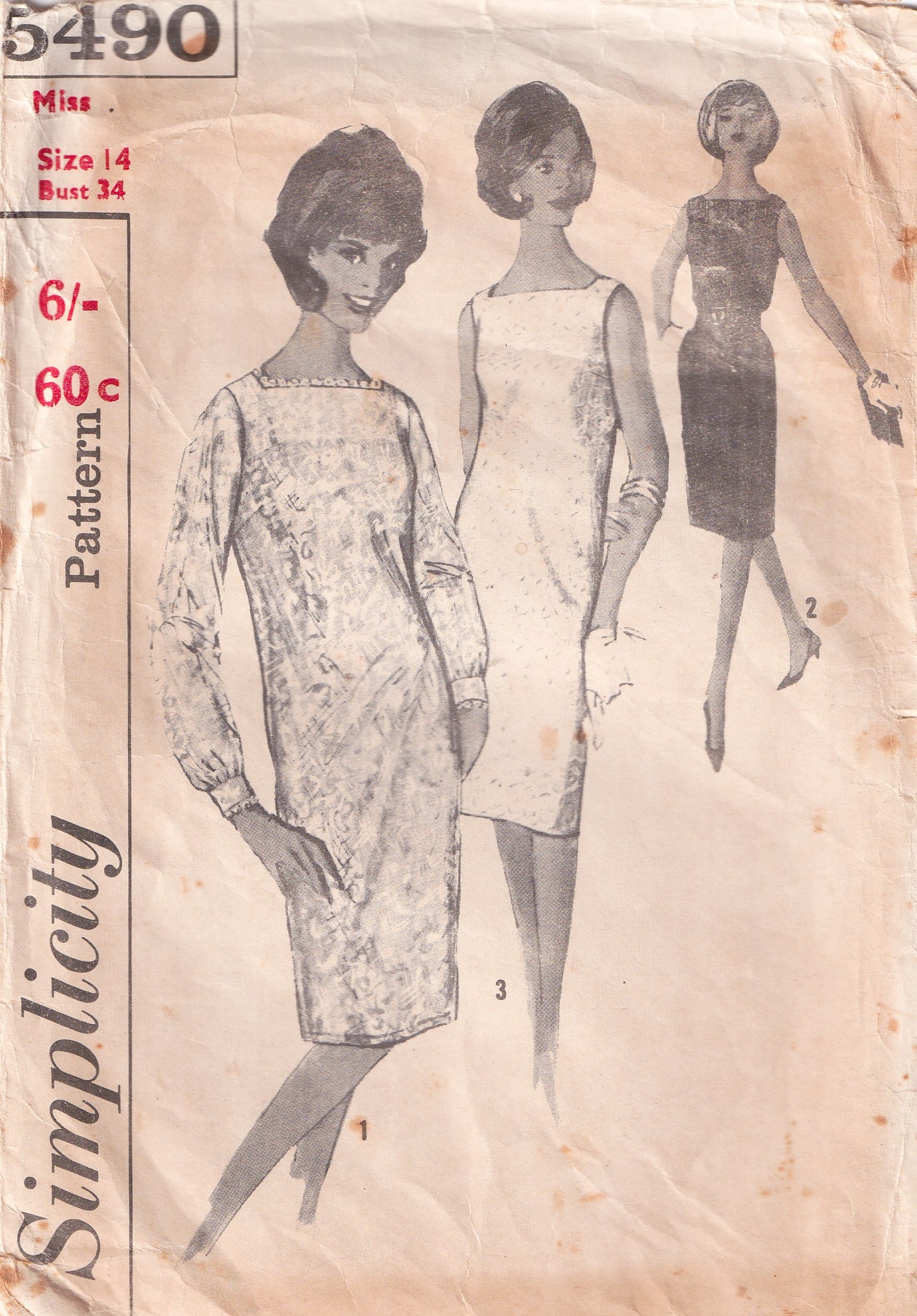 Simplicity 5490 Womens Square Neck Evening Sheath Dress & Matching Slip 1960s Vintage Sewing Pattern Bust 32 or 34 Inches