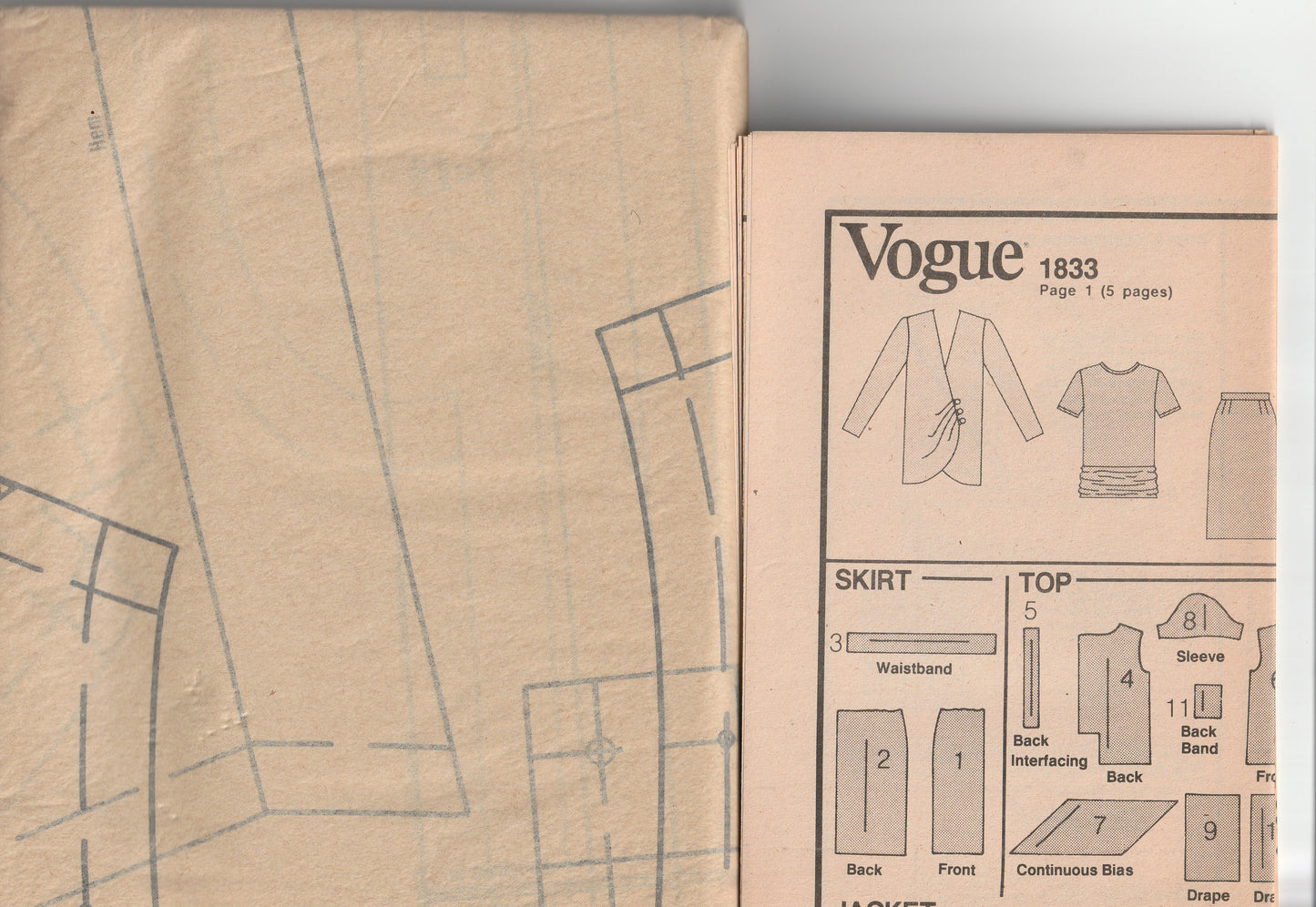 Vogue Designer Original 1833 BELLVILLE SASSOON Womens Skirt Top & Tulip Shaped Jacket 1980s Vintage Paper Sewing Pattern Size 12 UNCUT Factory Folded