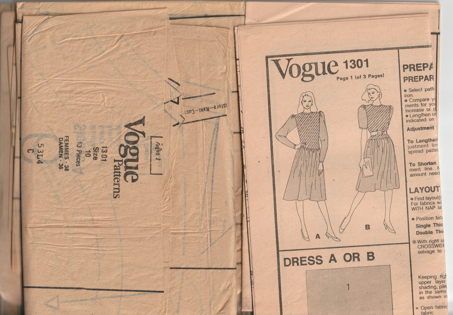 Vogue American Designer 1301 ALBERT NIPON Womens Puff Sleeved Drop Waisted Dress with Tucks 1980s Vintage Paper Sewing Pattern Size 10 Bust 32.5 inches
