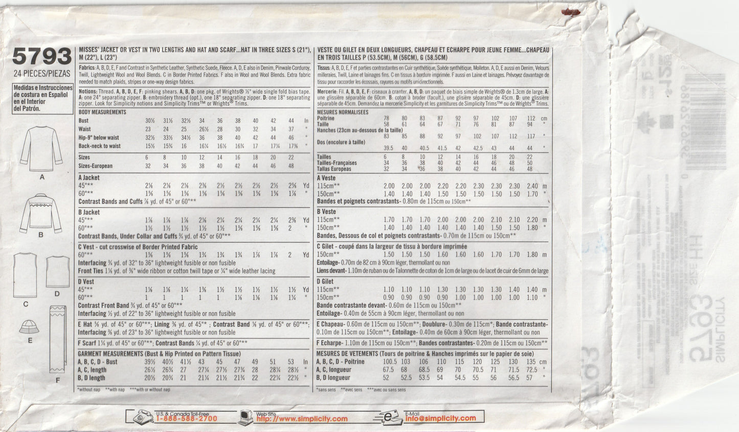 Simplicity 5793 Womens Winter Vest Jacket Scarf & Hat Out Of Print Paper Sewing Pattern Size 6 - 12 UNCUT Factory Folded