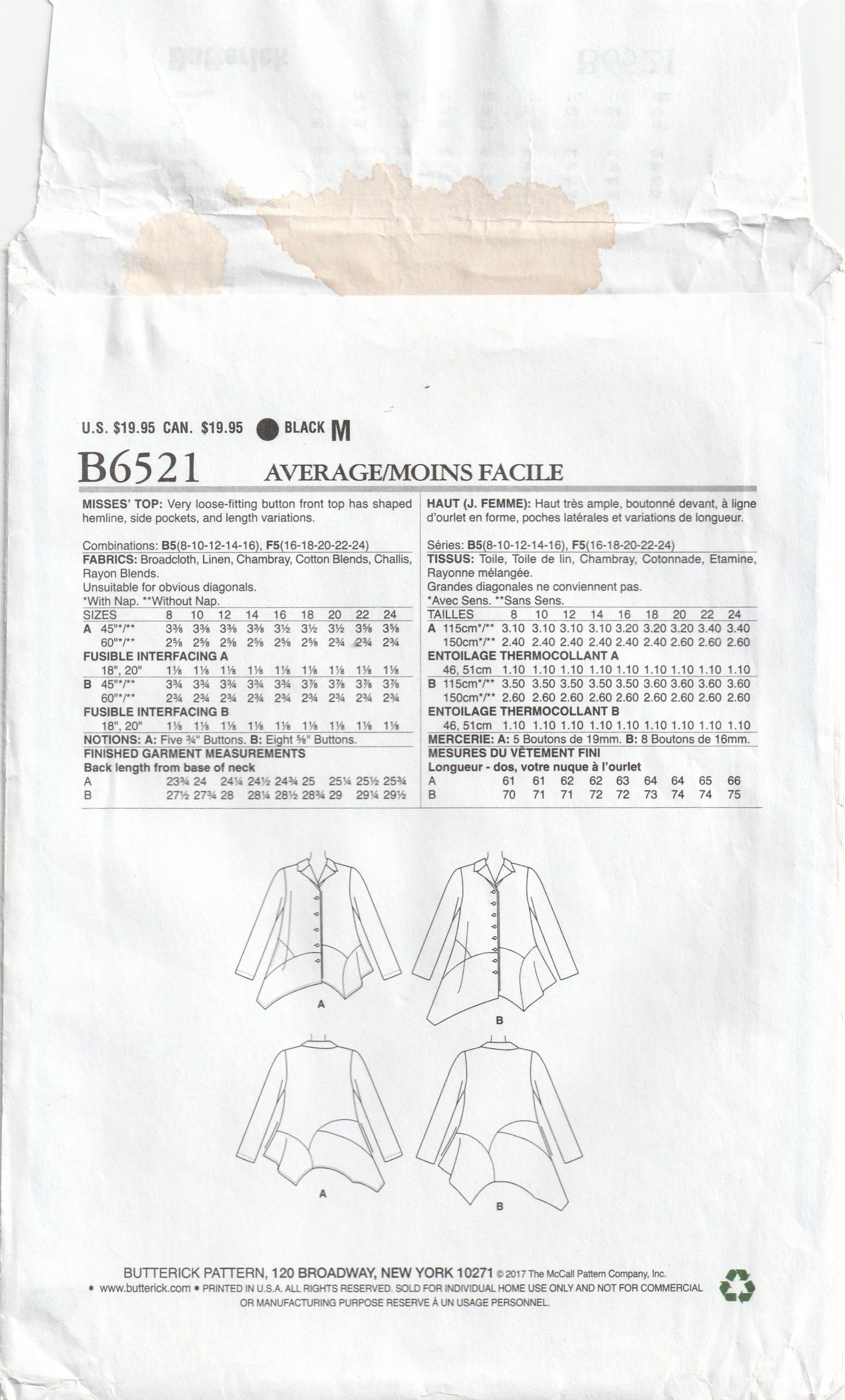 Butterick 6521 KATHERINE TILTON Womens Loose Fitting Asymmetric Tops Out Of Print Paper Sewing Pattern Sizes 16 - 24 UNCUT Factory Folded