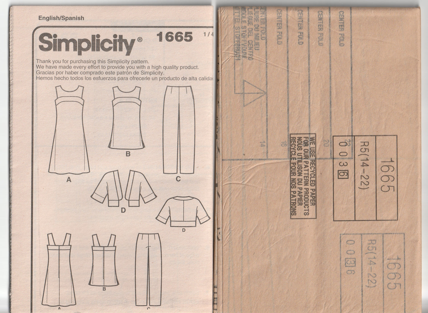 Simplicity 1665 Womens EASY Short Sleeved Jacket Tunic Top Dress & Pants Out Of Print Paper Sewing Pattern Size 14 - 22 UNCUT Factory Folded