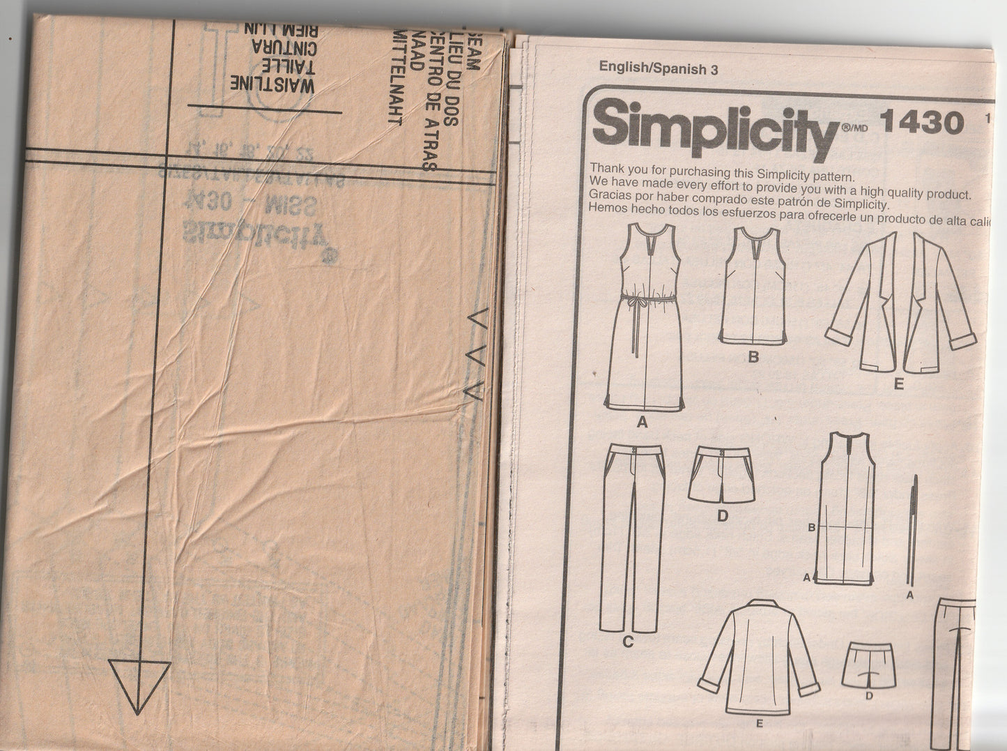 Simplicity 1430 Womens EASY Jacket Dress Top Hipster Shorts & Pants Out Of Print Paper Sewing Pattern Size 14 - 22 UNCUT Factory Folded
