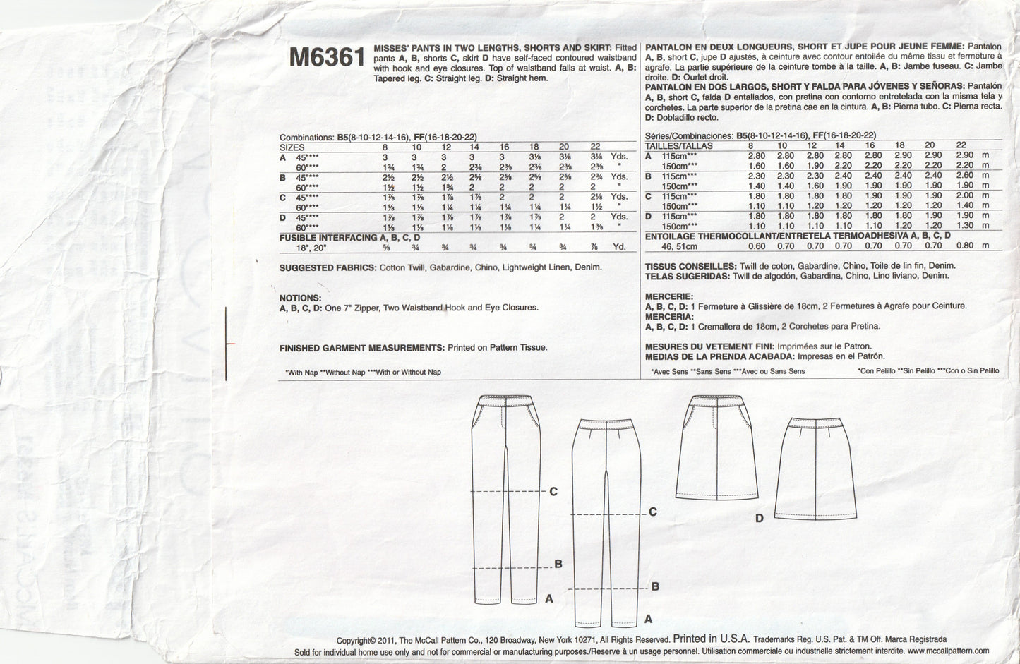 Patrón de costura de McCall's 6361 para pantalones cortos, faldas y pantalones Palmer Pletsch para mujer, agotado, tallas 8 a 16 o 16 a 22, sin cortar, doblado de fábrica