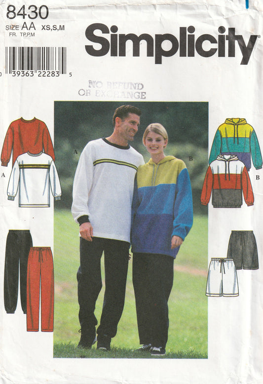 Simplicity 8430 Womens Mens Teen UNISEX Winter Stretch Knit Pullover Top & Pants 1990s Vintage Paper Sewing Pattern Sizes XS - M UNCUT Factory Folded